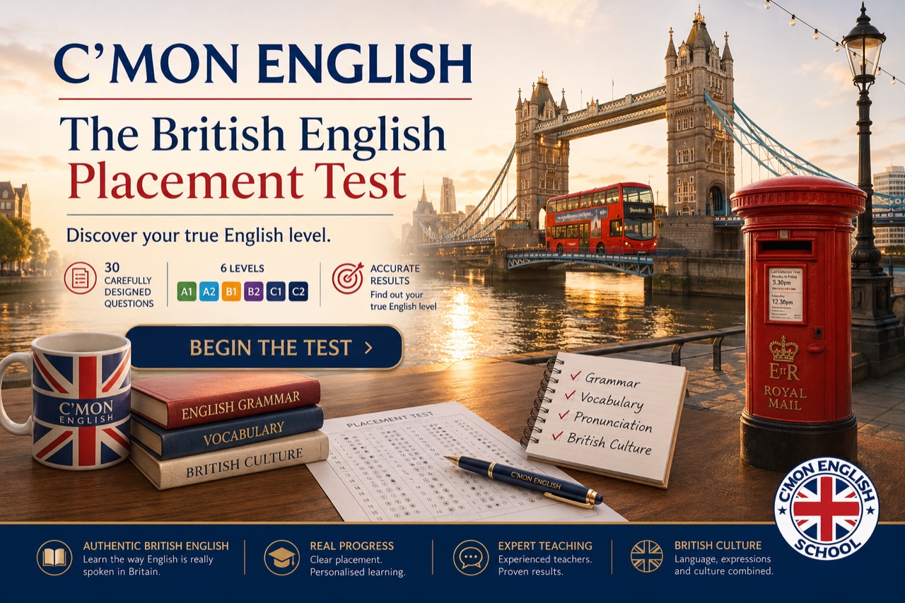 C’MON English placement test set against a London scene